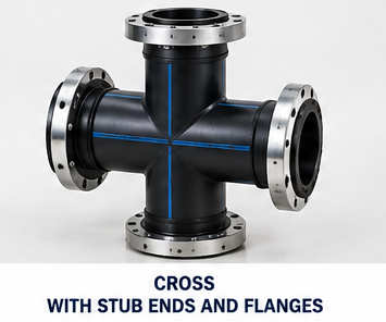 Wetpipe HDPE cross fitting with stub ends and steel backing flanges